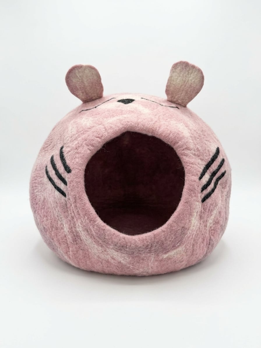 Handmade Woolen Felt Cat House - Pink Kitty